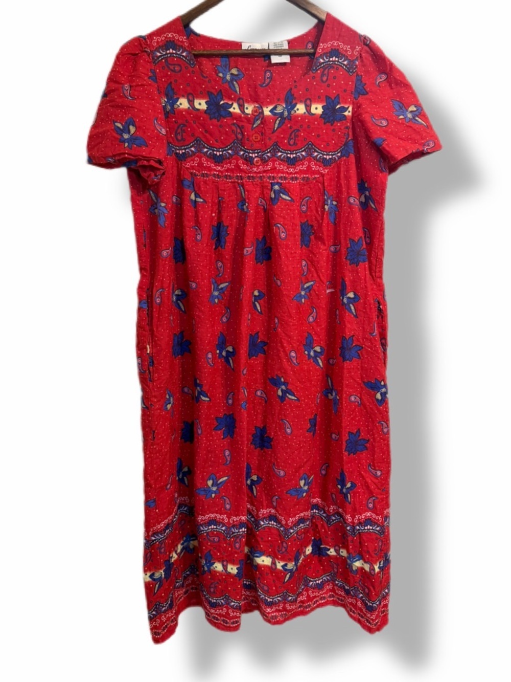 Loungees Retro Red Paisley Floral Cotton Dress Size Large With Pockets Boho